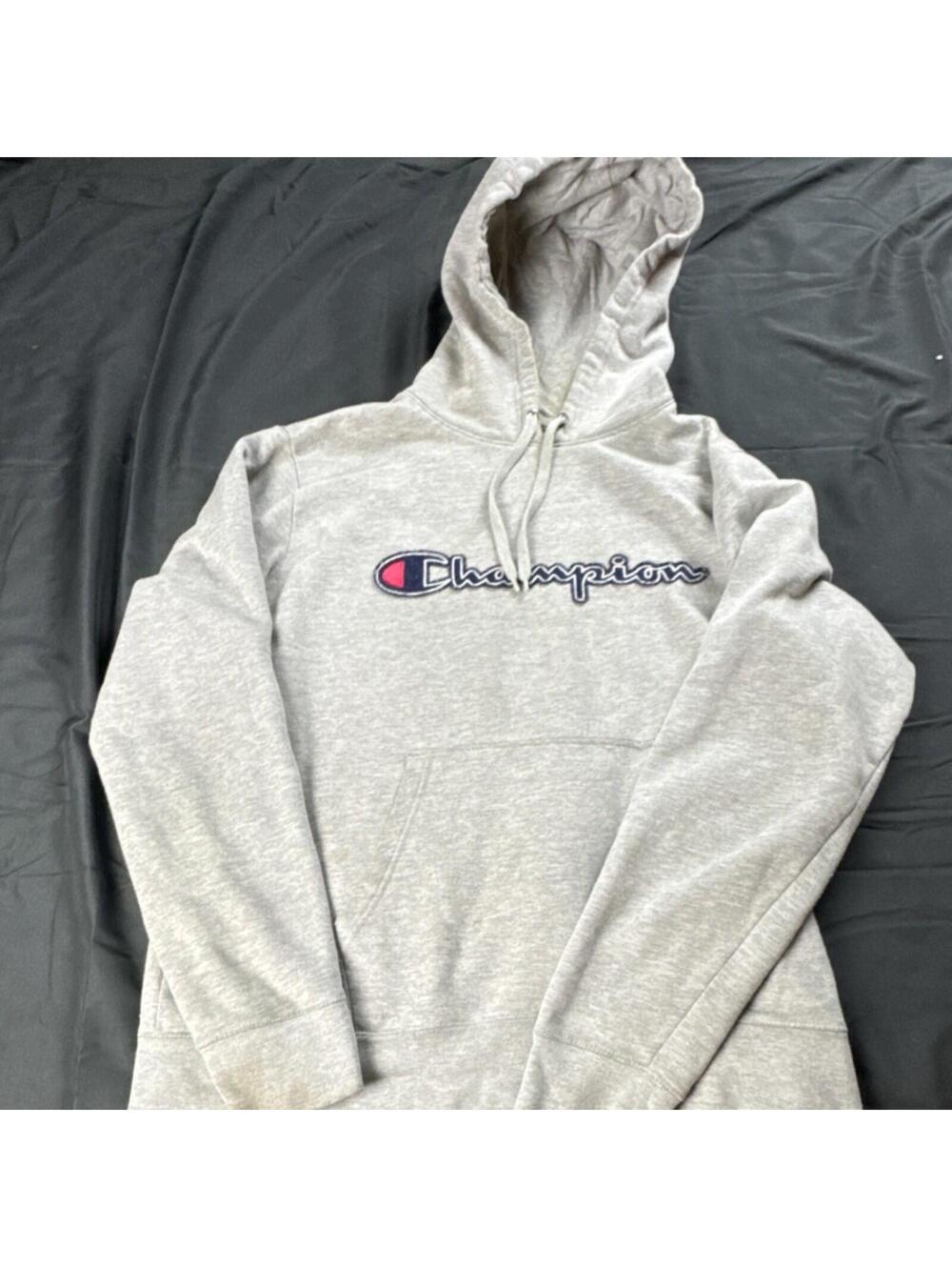 Champion Gray Fleece Pullover Hoodie Embroidered Logo Drawstring Pockets Mens